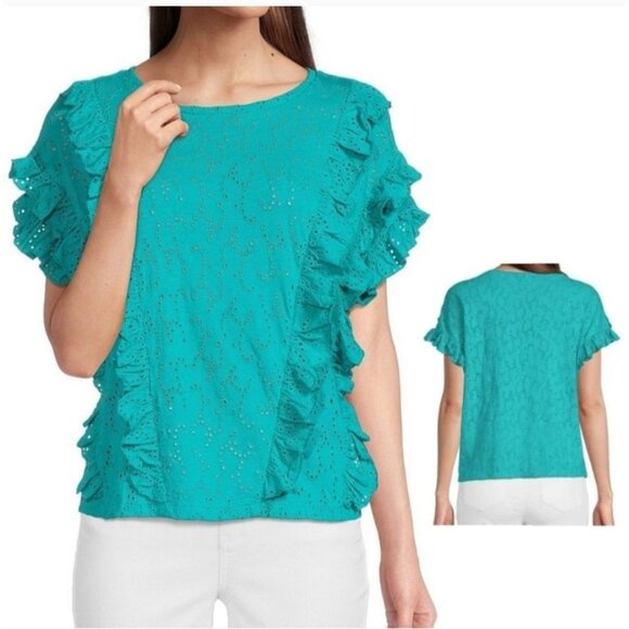 Tru Luxe Jeans Womens Turquoise Ruffled Eyelet Blouse L 100% Cotton - Picture 1 of 6